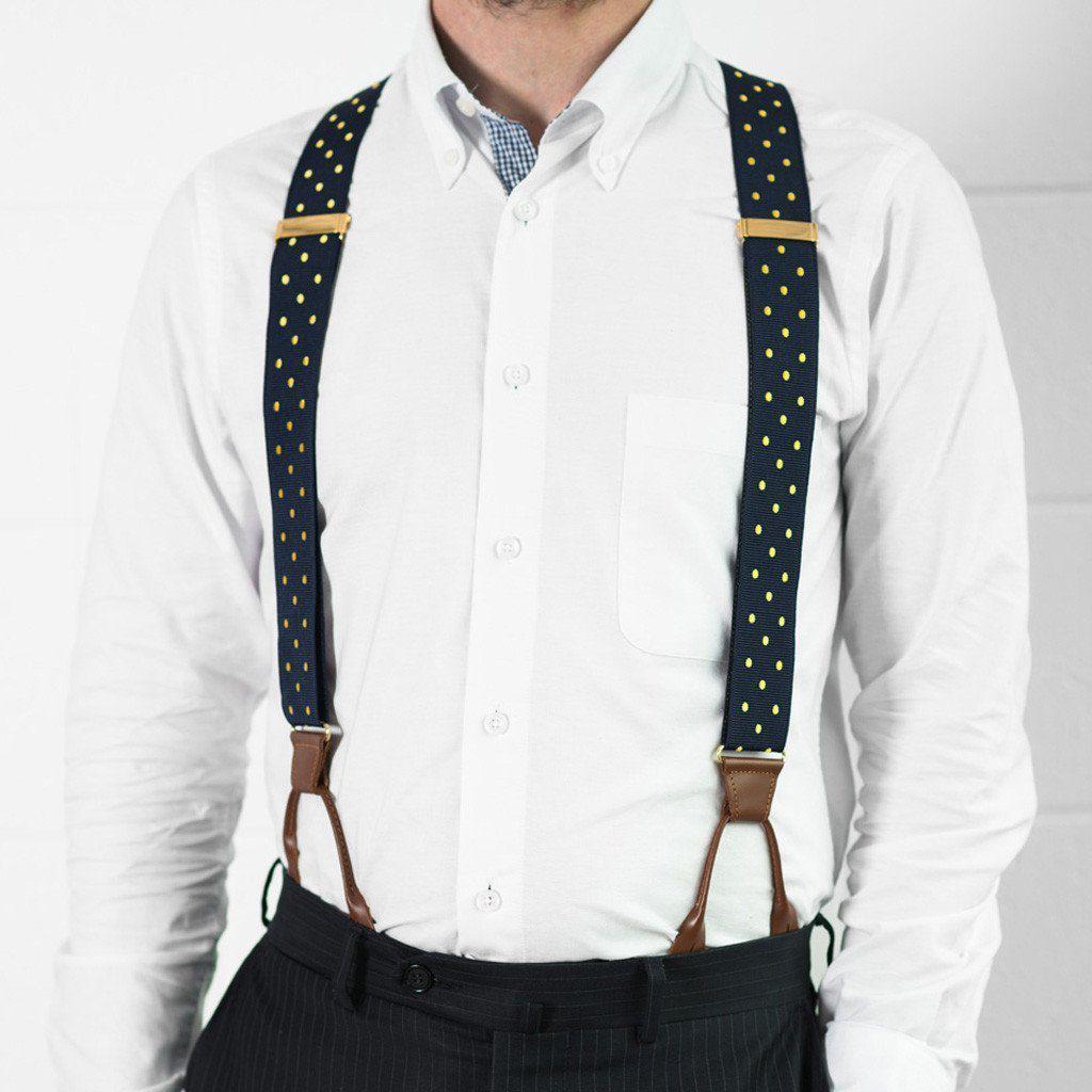 Spot of Sunshine- Spotted Navy & Yellow Suspenders - JJ Suspenders